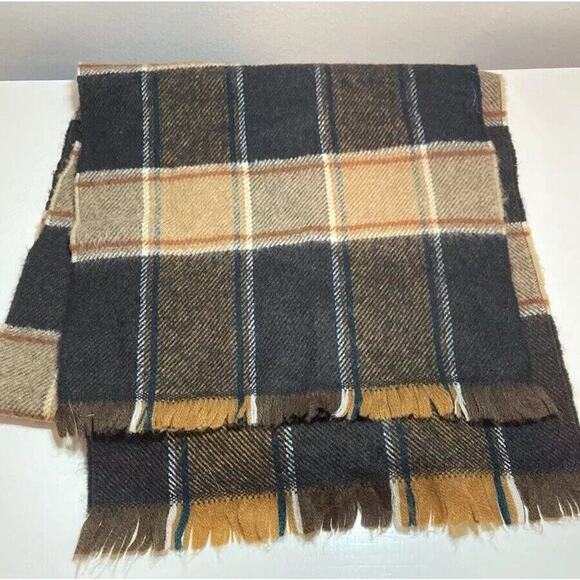 Zephlon Vintage Brown Plaid Soft Acrylic Fringed Scarf 54" X 12" - Picture 3 of 4